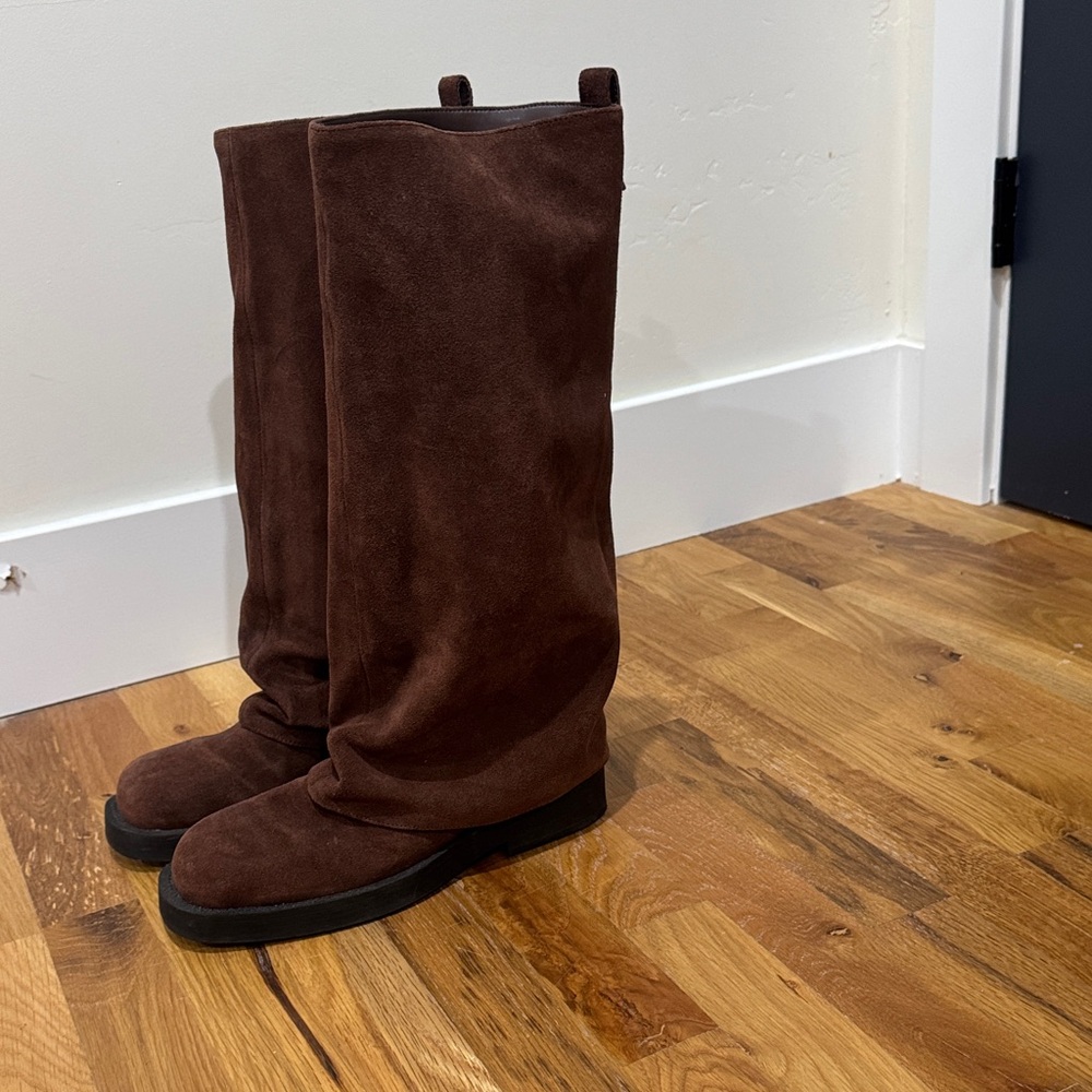 Schutz Keira Up Cloak Suede Slouchy Boots Brown Suede Knee-High Boots